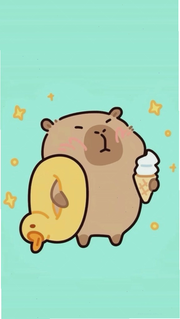 Capybara trên nền xanh đơn giản, trên lưng cõng chú vịt vàng