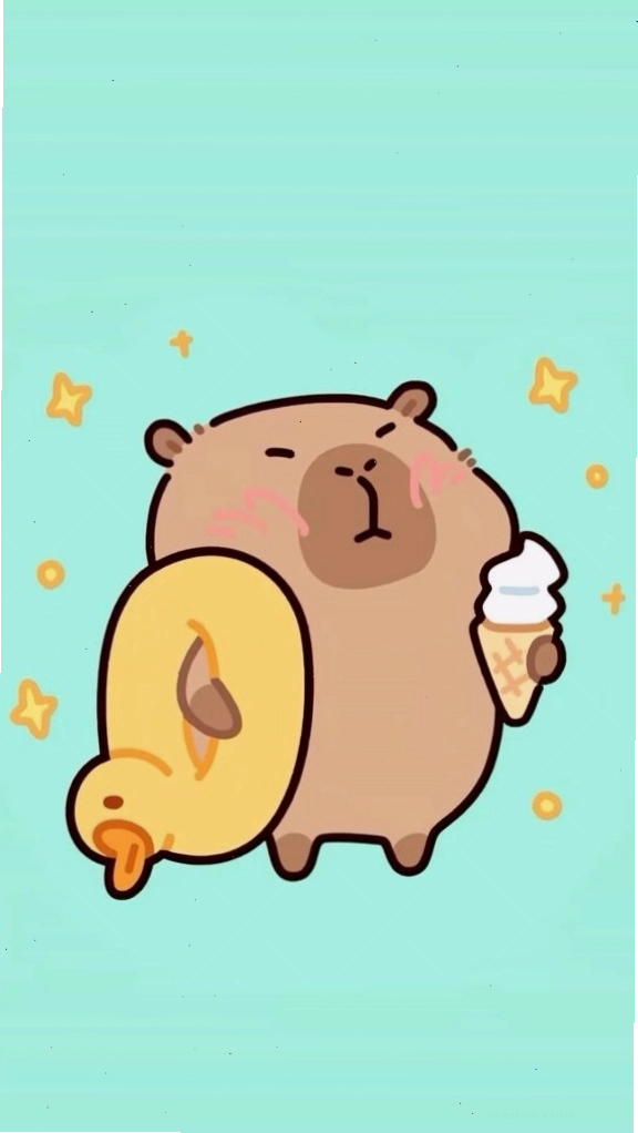 Capybara ung dung cõng chú vịt vàng trên lưng, tạo nên khung cảnh vô tri trên nền xanh