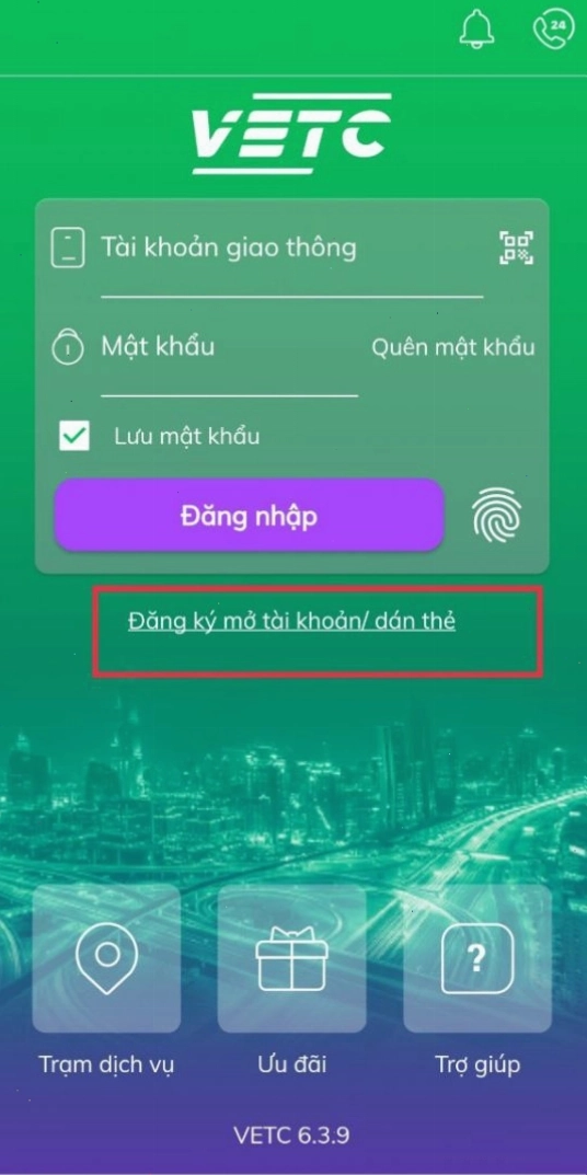 Chọn đăng ký mở tài khoản VETC