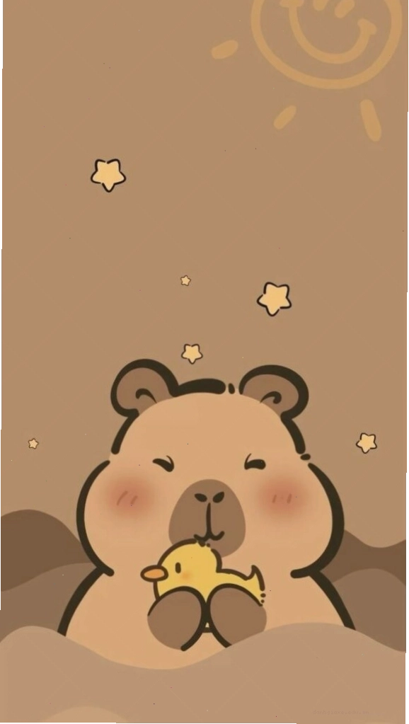 Chú Capybara ôm chặt một chú vịt vàng, ánh mắt vẫn giữ nguyên vẻ đơ đặc trưng