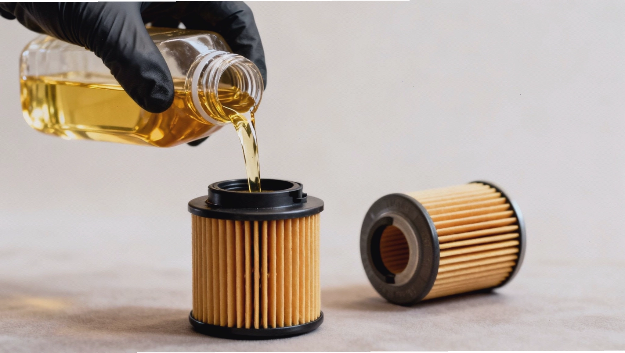 Gloved hand pouring fresh engine oil into a new car oil filter during maintenance