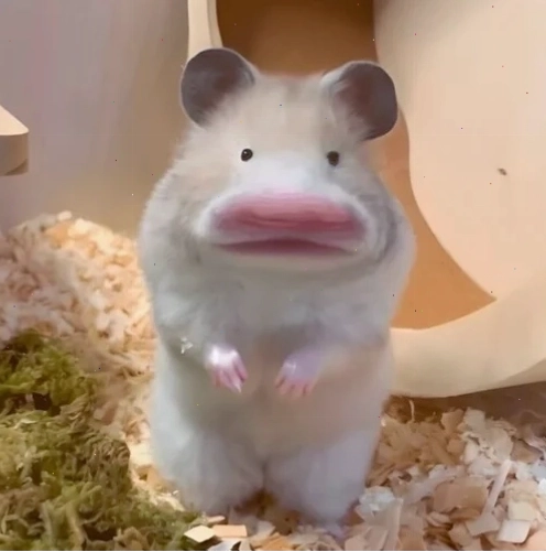 Hình ảnh chú hamster đang ngồi thu mình lại, biểu cảm có vẻ hơi buồn bã hoặc suy tư