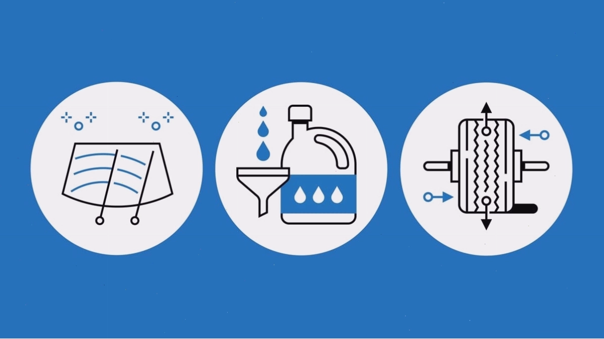 Illustrated icons of windshield wipers, oil container and funnel, and tire alignment marks representing car maintenance