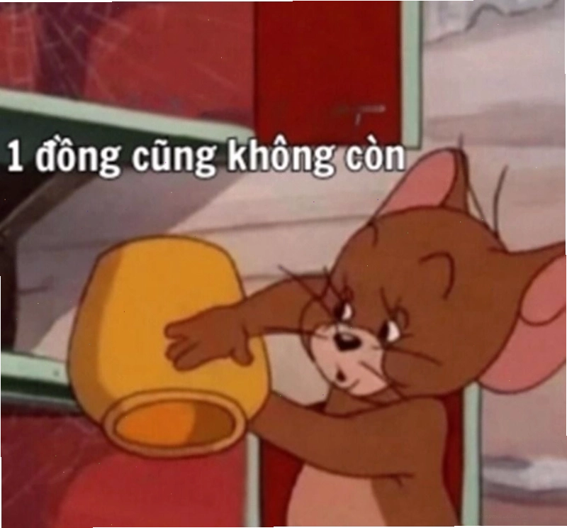 Khuôn mặt hài hước của một nhân vật đang giả vờ tỉnh bơ trong khi túi rỗng tuếch