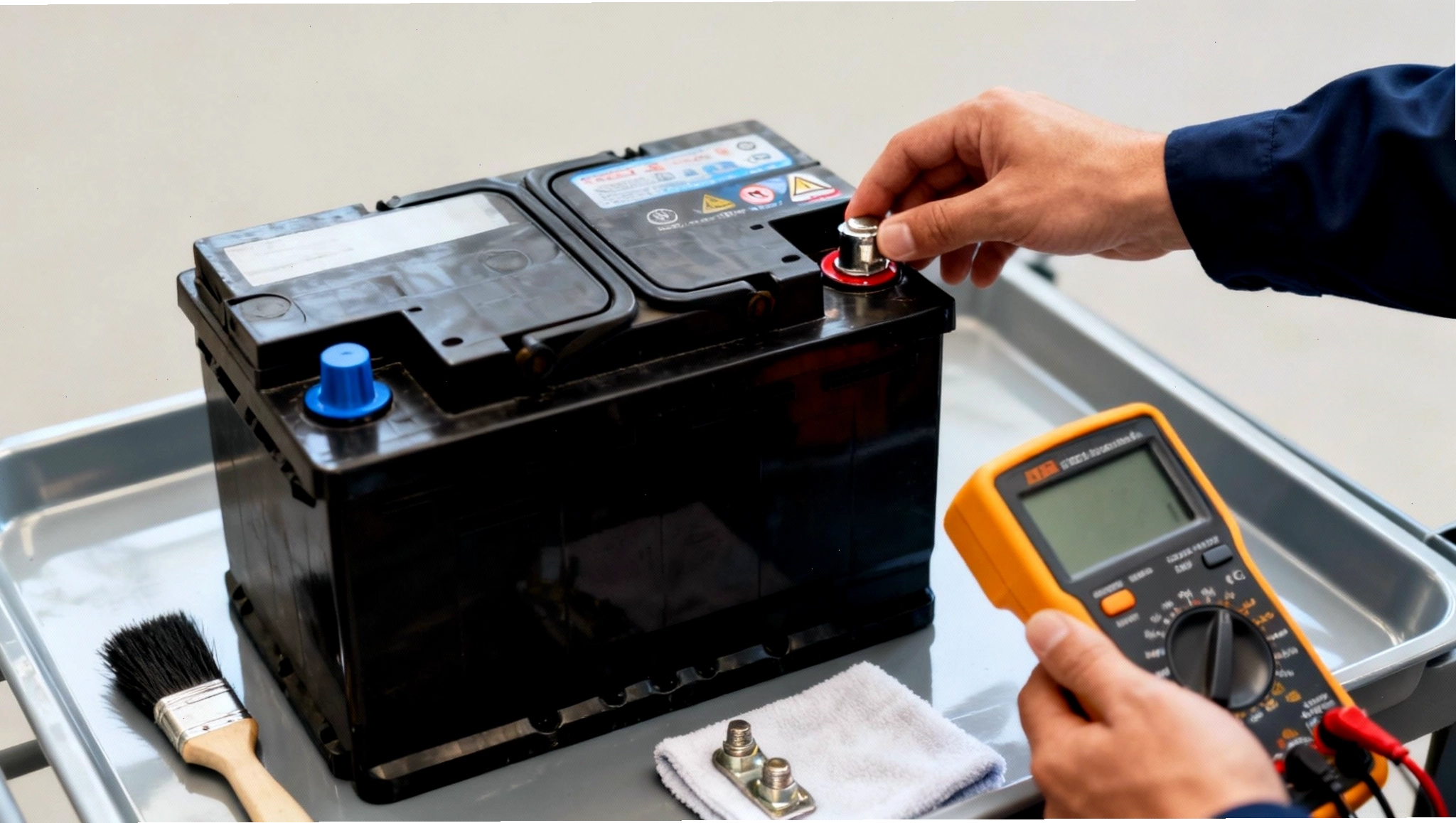 Mechanic checking car battery terminal with a digital multimeter for maintenance
