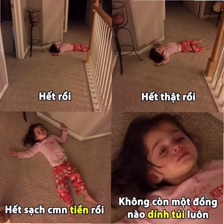 Một người với biểu cảm buồn bã nhìn vào ví tiền rỗng tuếch, xung quanh là những dòng chữ thể hiện sự tuyệt vọng về tài chính