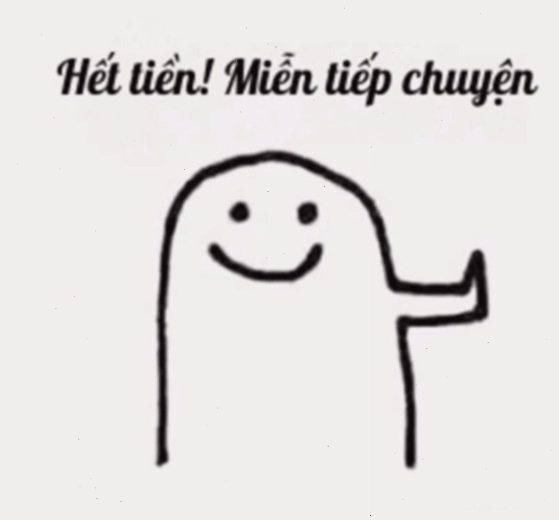 Một nhân vật với biểu cảm buồn thiu, tay chỉ vào chiếc điện thoại đang hiện thông báo hết tiền