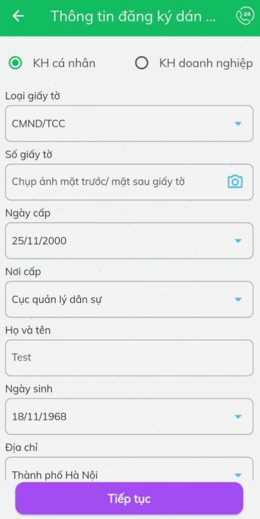 Nhập thông tin khách hàng cho tài khoản VETC