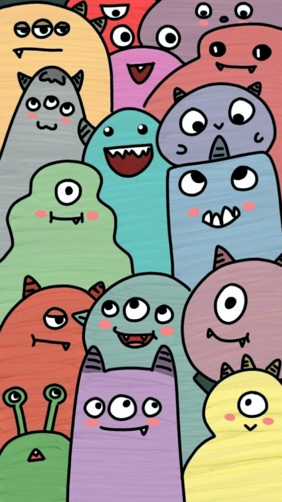 Những sinh vật doodle với hình thù kỳ lạ chen chúc nhau, tạo nên cảnh tượng hài hước