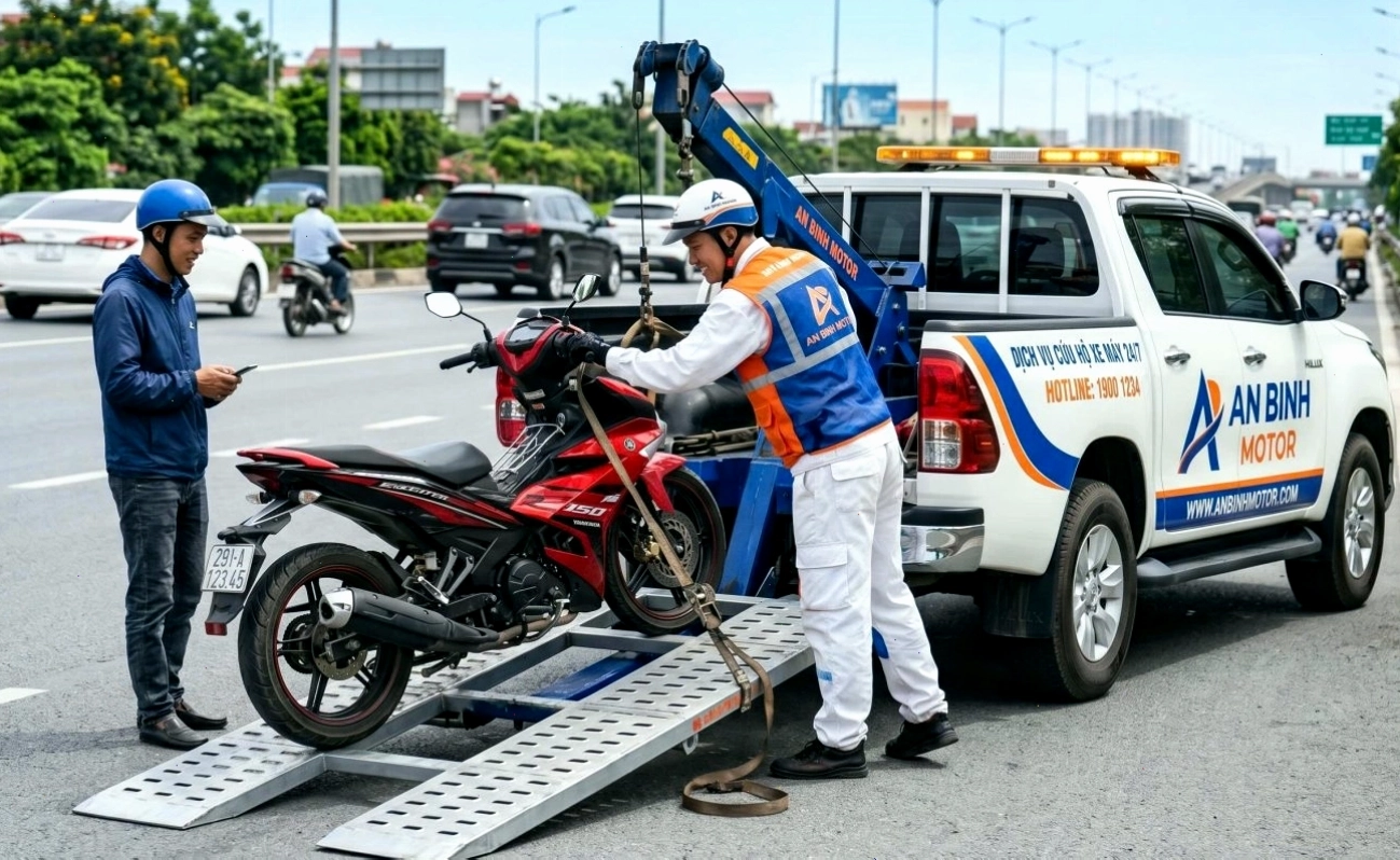 Thợ cứu hộ xe máy Quận Hà Đông kiểm tra tình trạng xe cho khách hàng