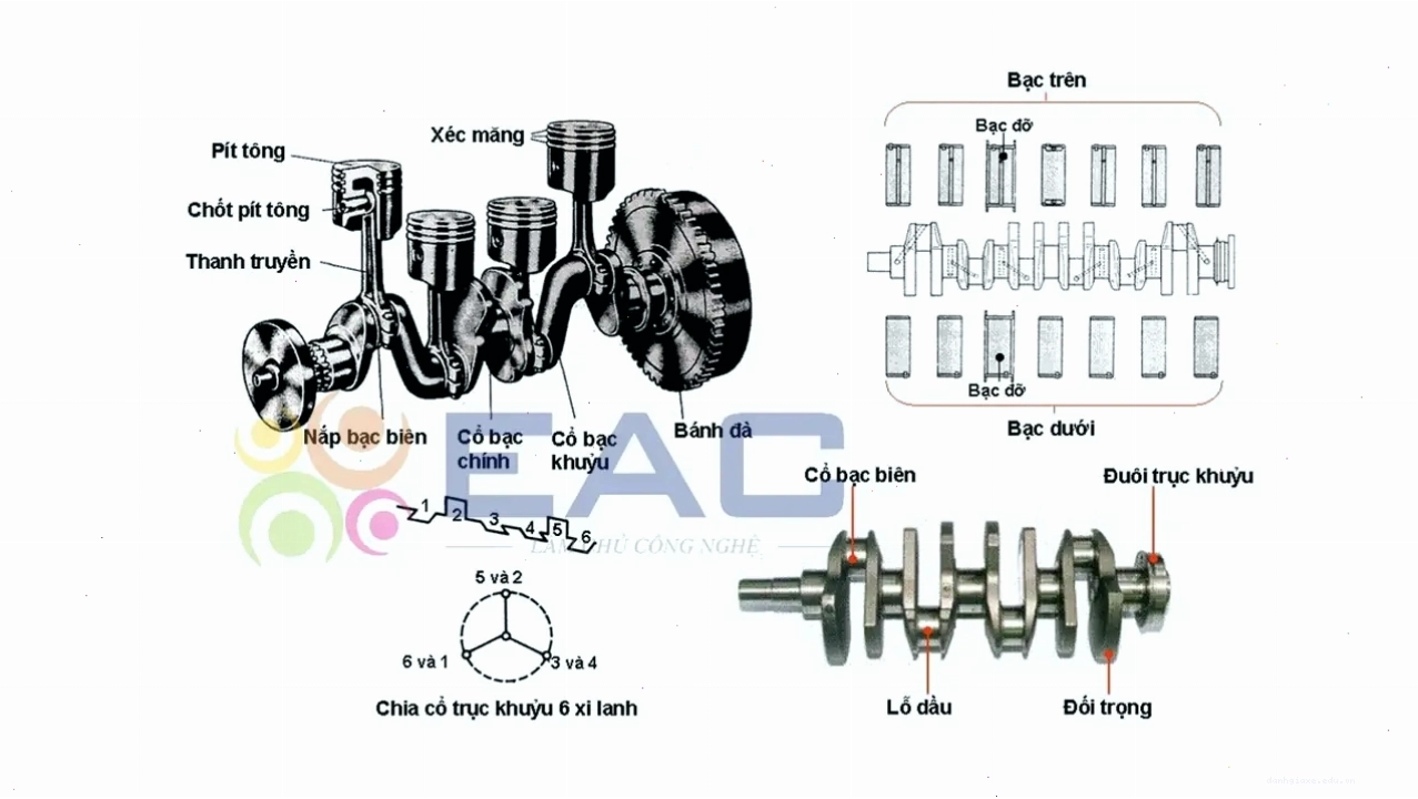 Trục khuỷu trên động cơ ô tô với các bộ phận cấu tạo rõ ràng
