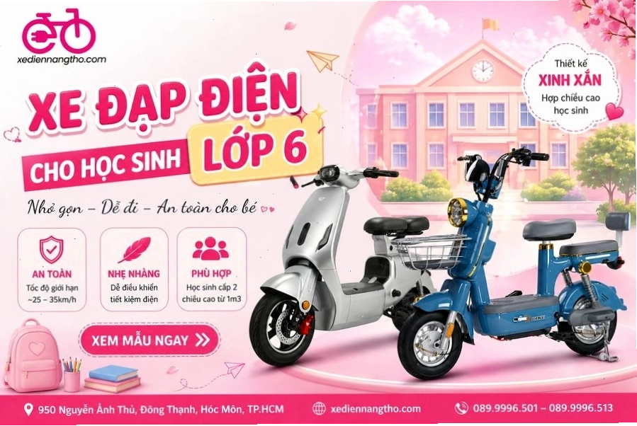 Xe đạp điện thiết kế trẻ trung, phù hợp với học sinh lớp 6